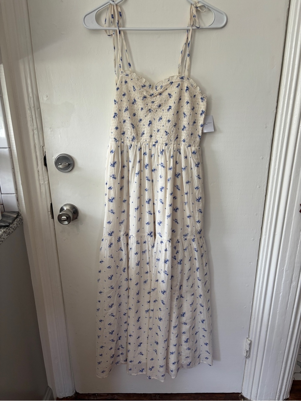 American Eagle Outfitters Cream Midi Dress with Blue Floral Print